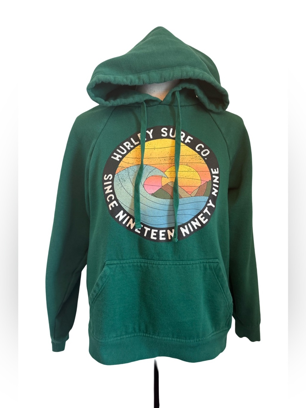 Hurley Surf Co Green Graphic Pullover Hoodie Size Small Wave Sunset 20x22